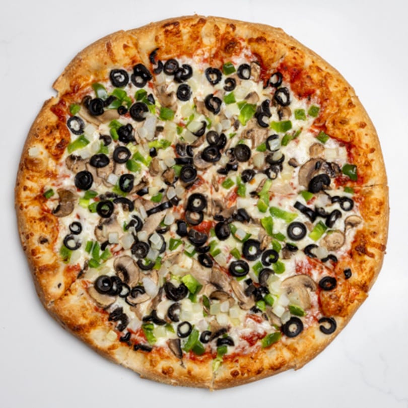Whole Pizza Place pizza with black olives, green peppers, onions, and mushrooms on a white background.